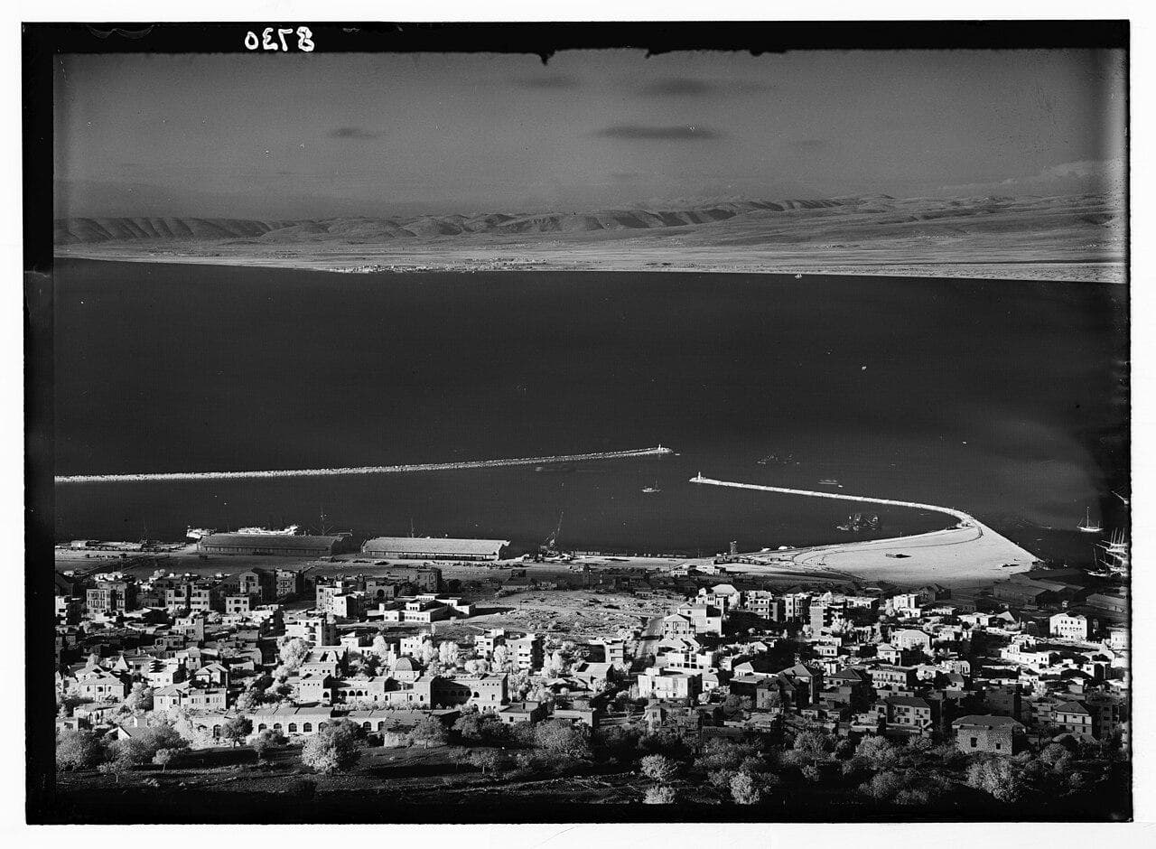 Haifa's harbour and bay from Mount Carmel, with Akka beyond, 1930s