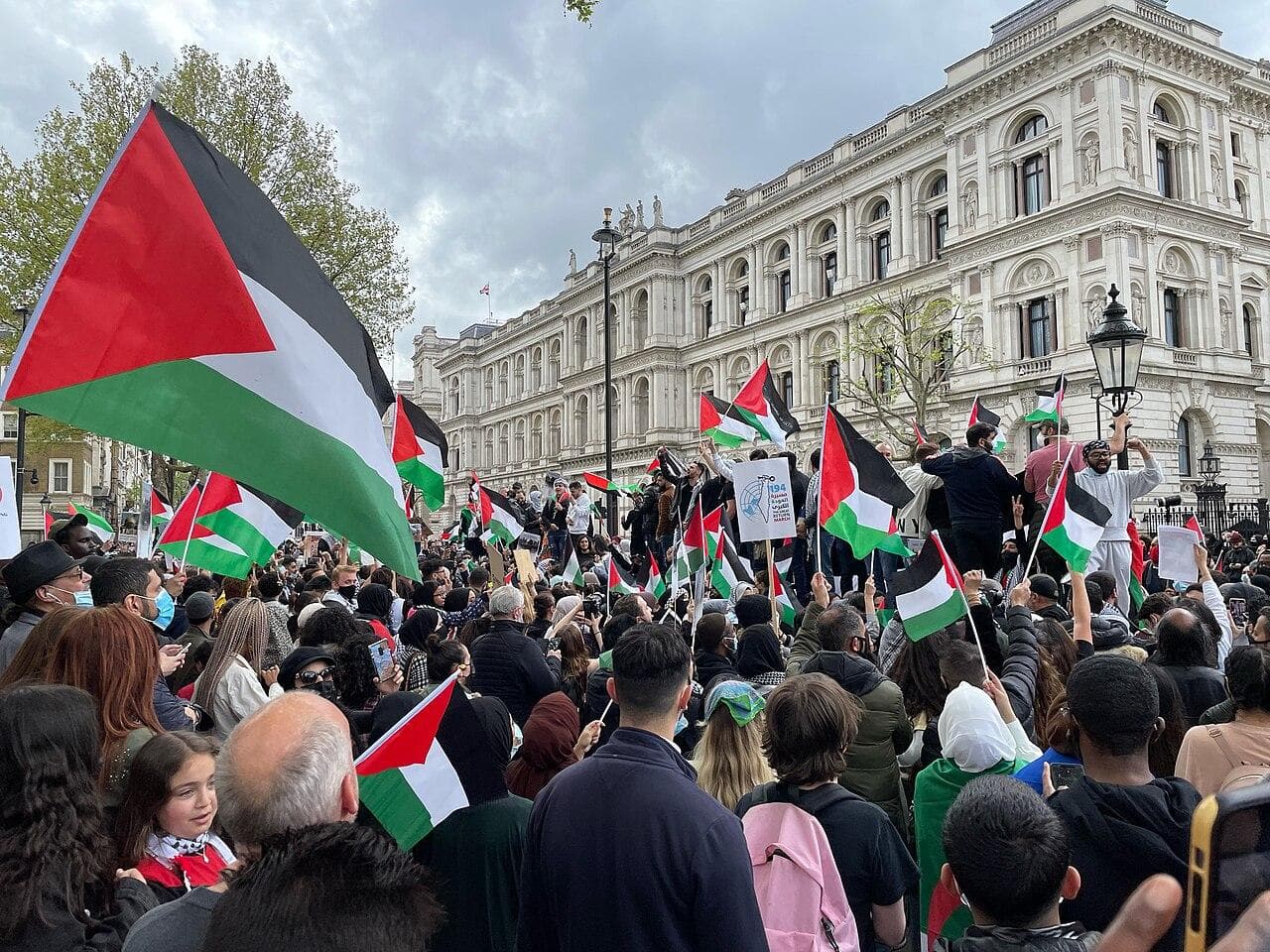 A demonstration for Palestine outside Downing Street, London, May 2021